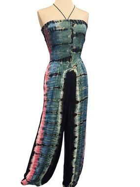Angie Smock Top Tie Dye Halter or strapless jumpsuit blues, blacks, pinks,  XL